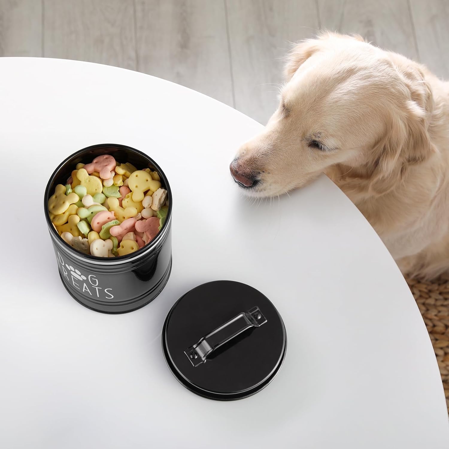 OUTNILI Small Dog Treat Container Airtight - 6 Tall X 4.9 Round Black Dog Treat Jar for Kitchen Counter - Rustic Treat Storage Canister for Dogs, Cats, Small Animals - Gifts for Pet Owners